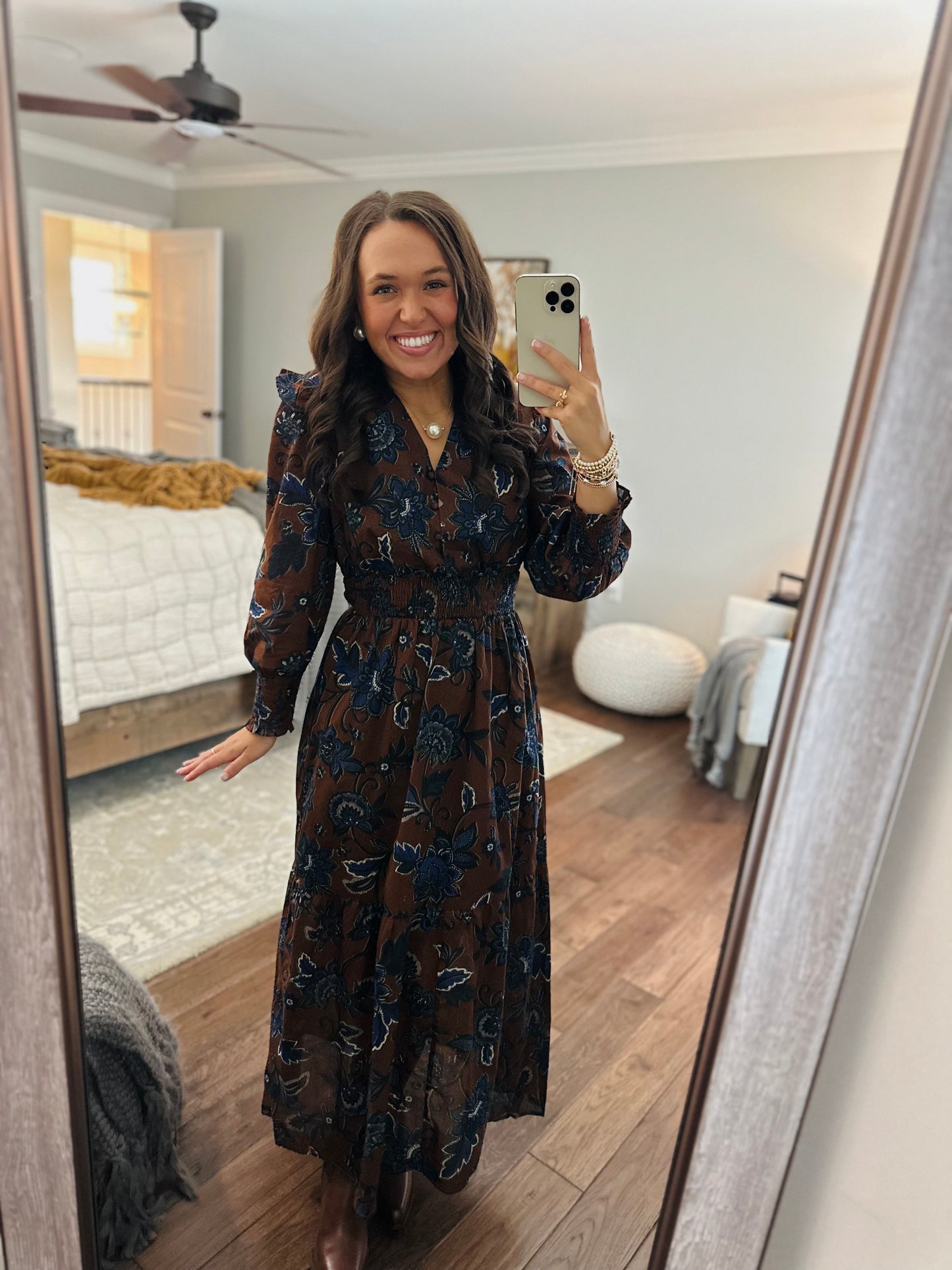 The Marlina Brown + Blue Floral Midi Dress