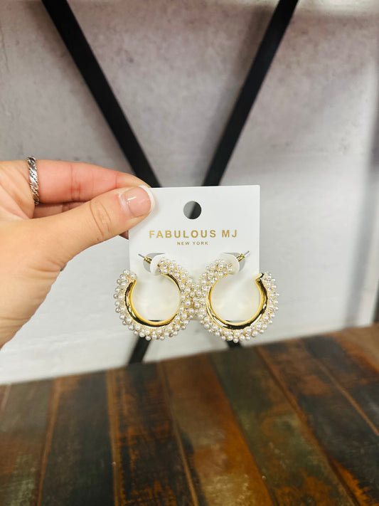 Gold + Cream Pearl Rhinestone Hoop Earring