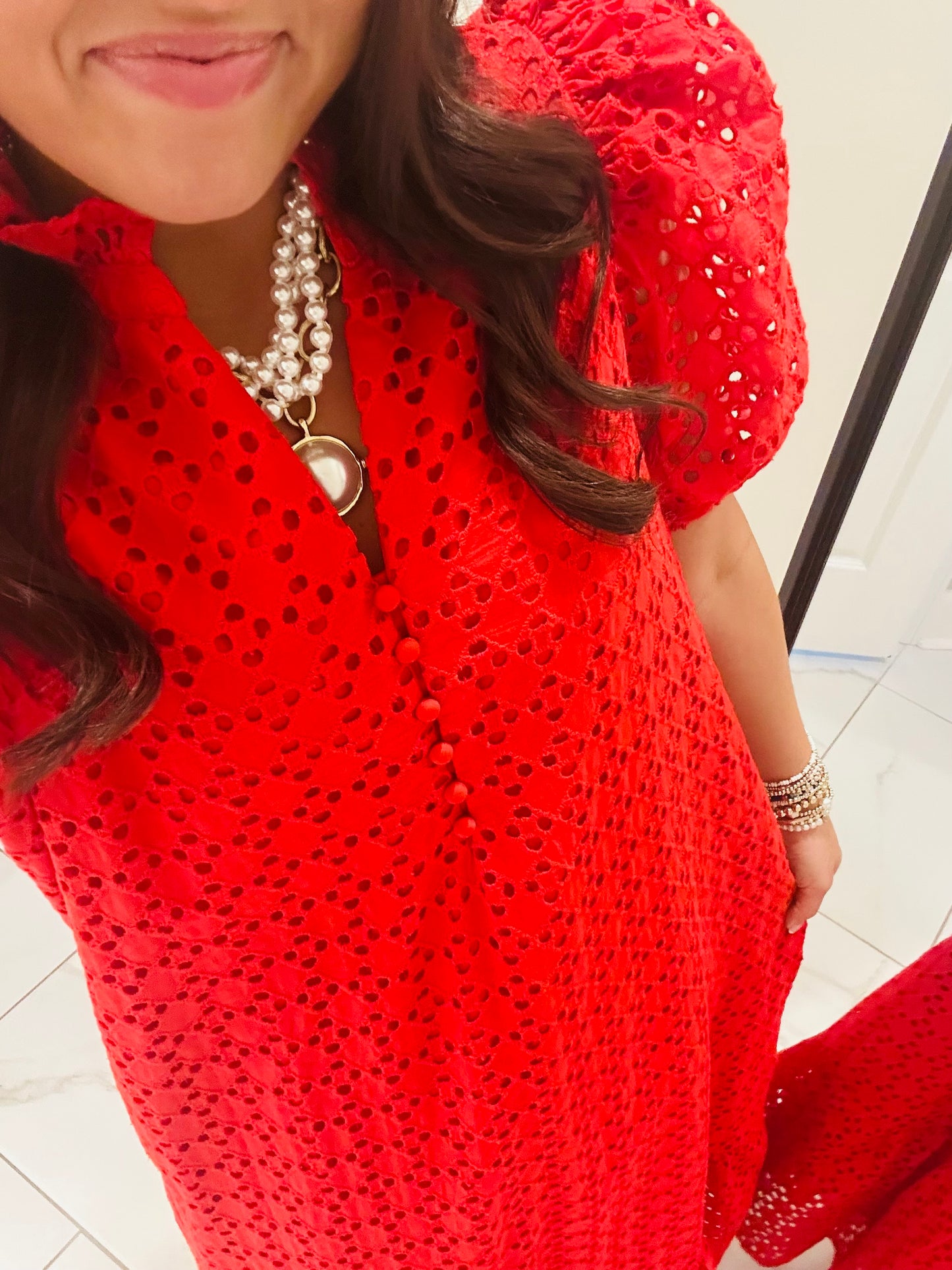 The Liz Red Eyelet Midi Dress