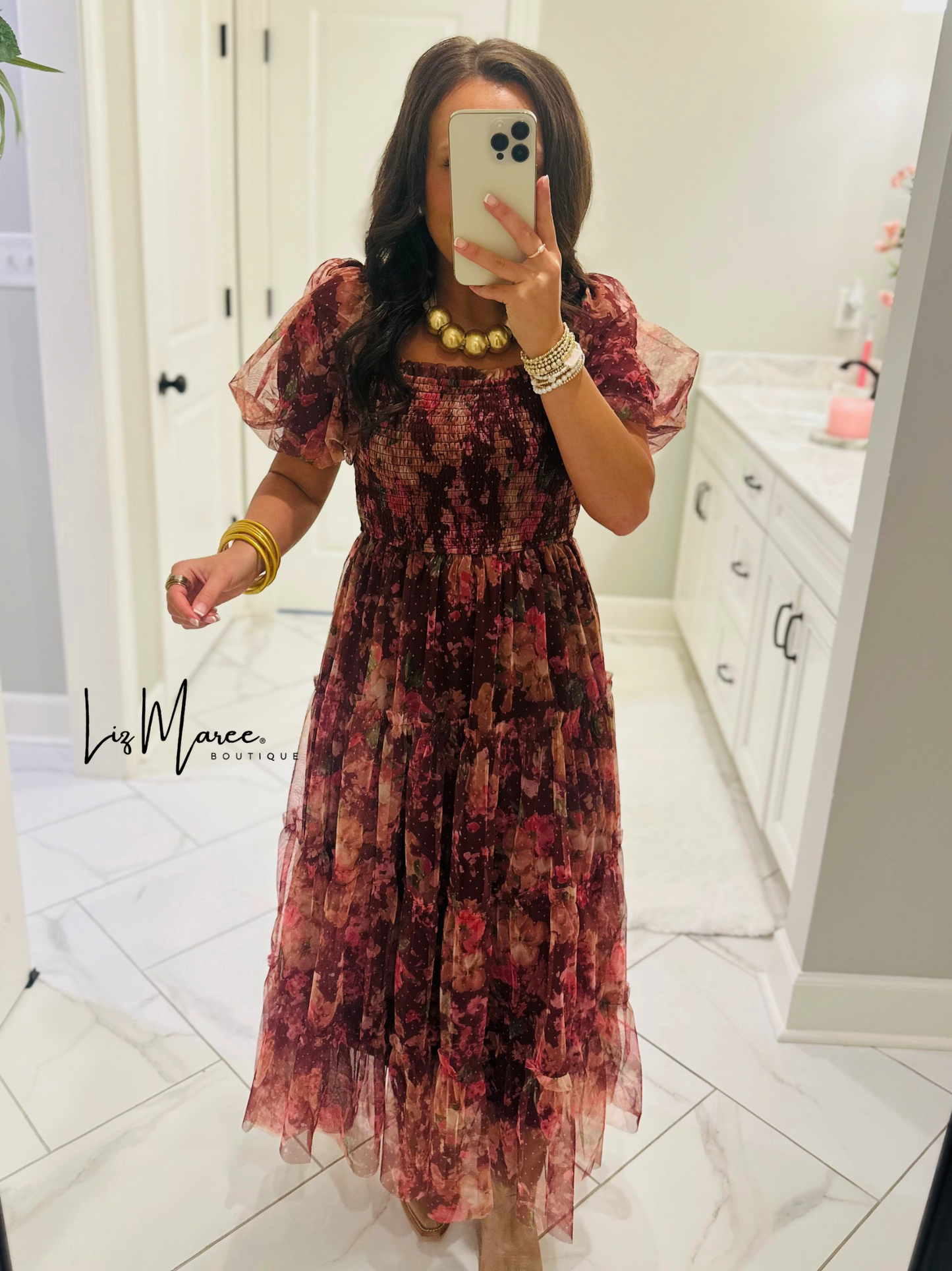 The Halston Burgundy Floral Polka Dot Midi Dress