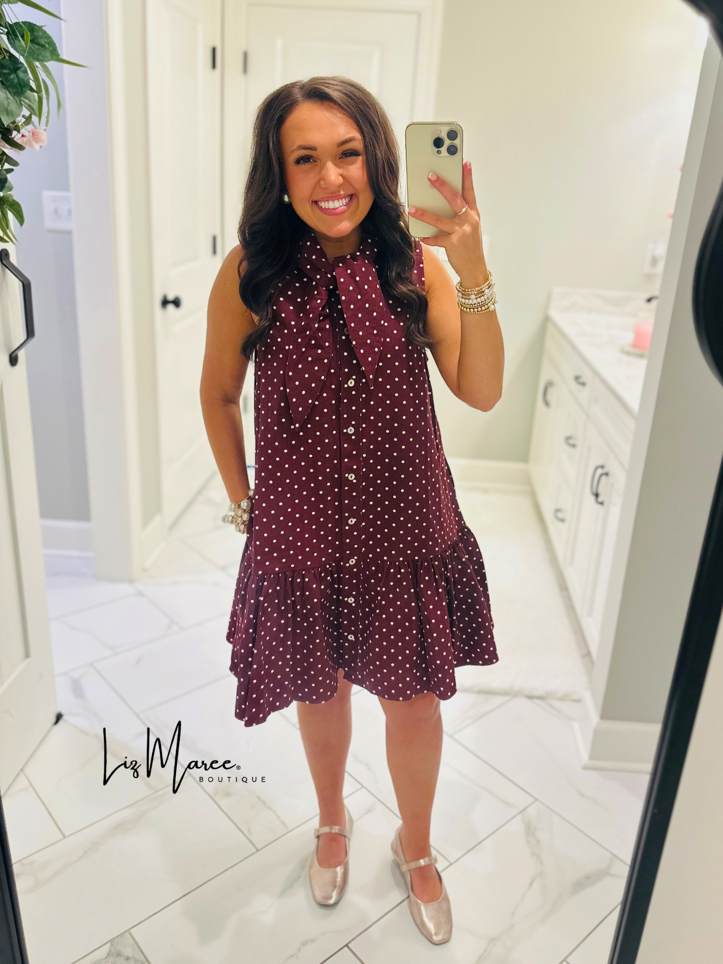 The Stella Burgundy Polka Dot Denim Dress