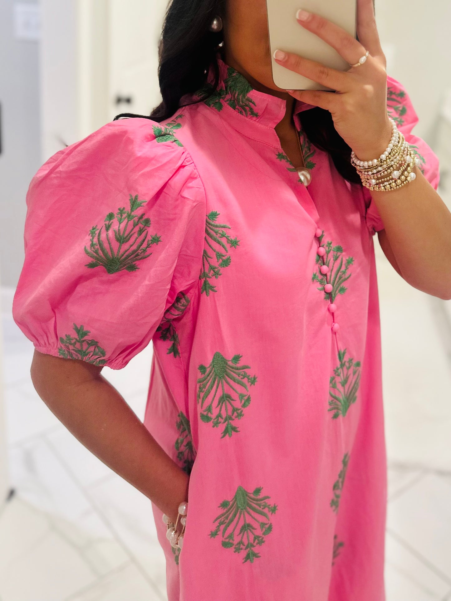 The Nola Pink + Green Botanical Embroidered Midi Dress