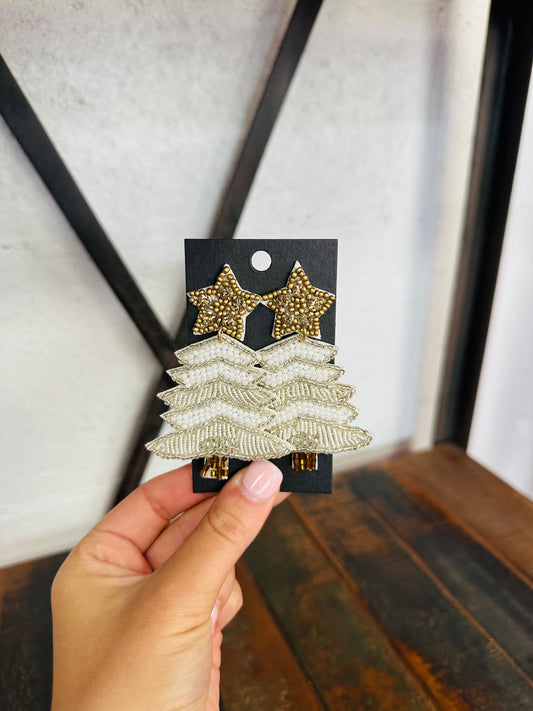 Brown + White Christmas Tree Beaded Earring