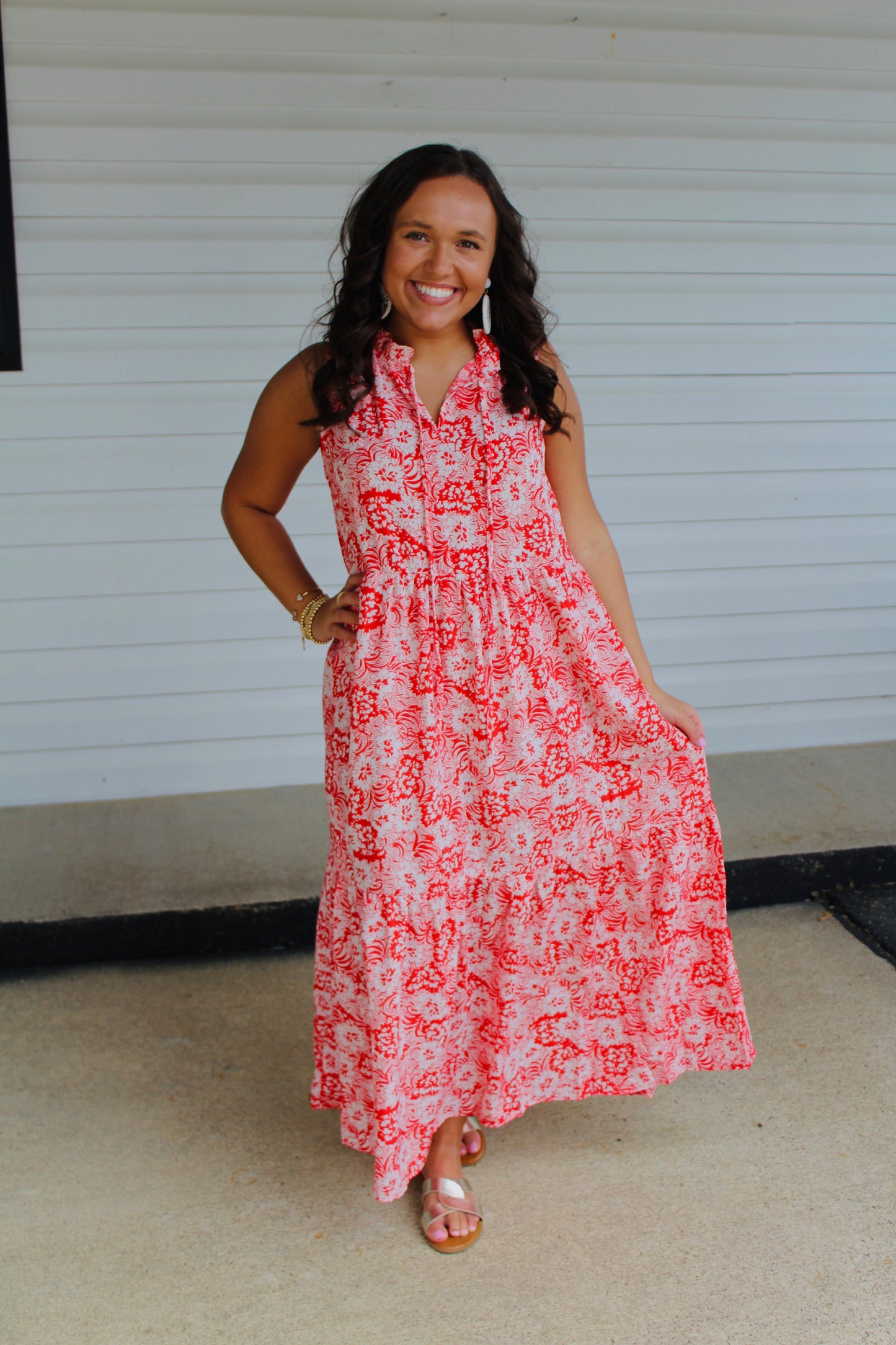 The Leia Red Floral Print Midi Dress