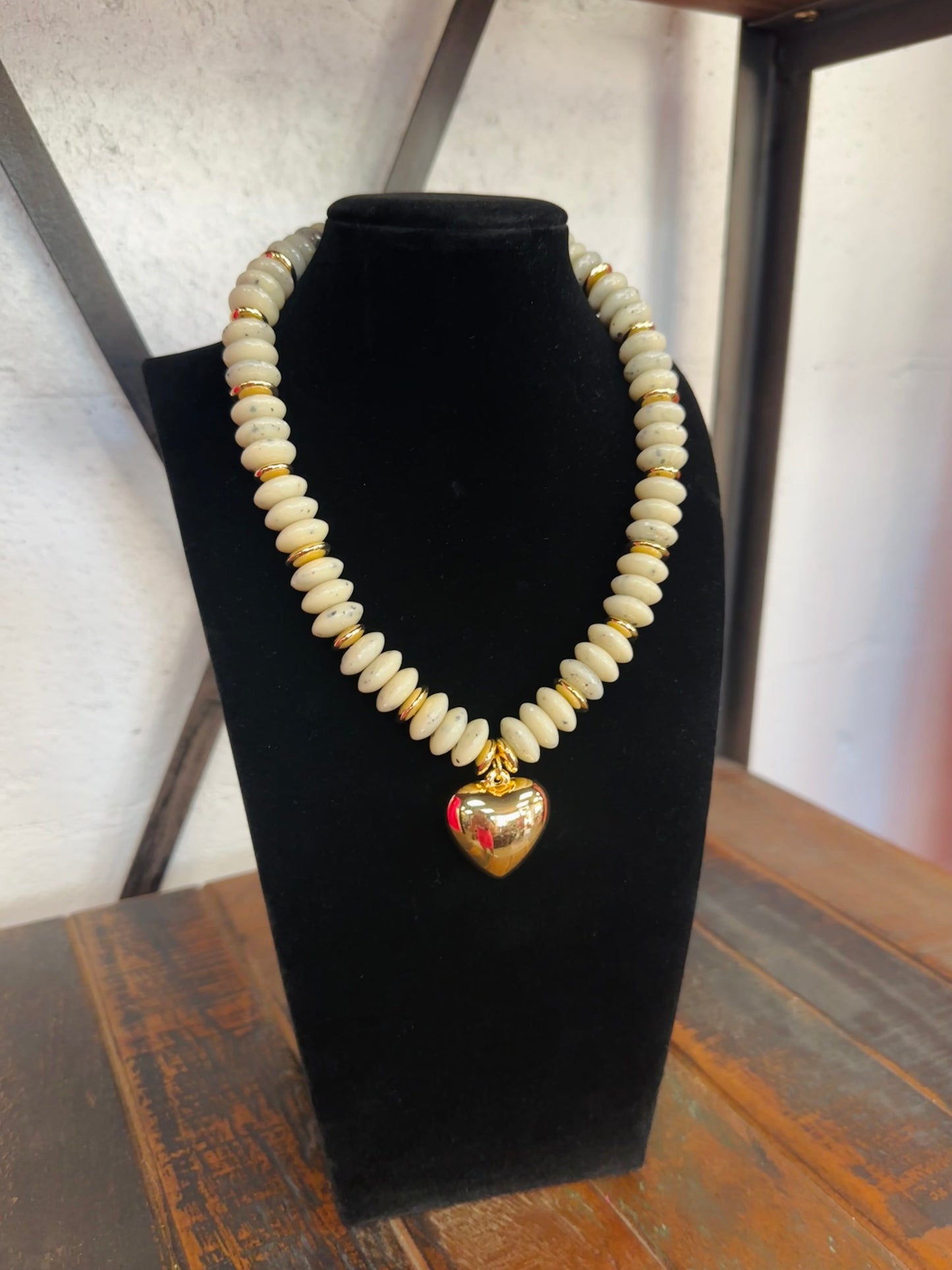 Beige + Gold Wide Bead Puffy Heart Necklace