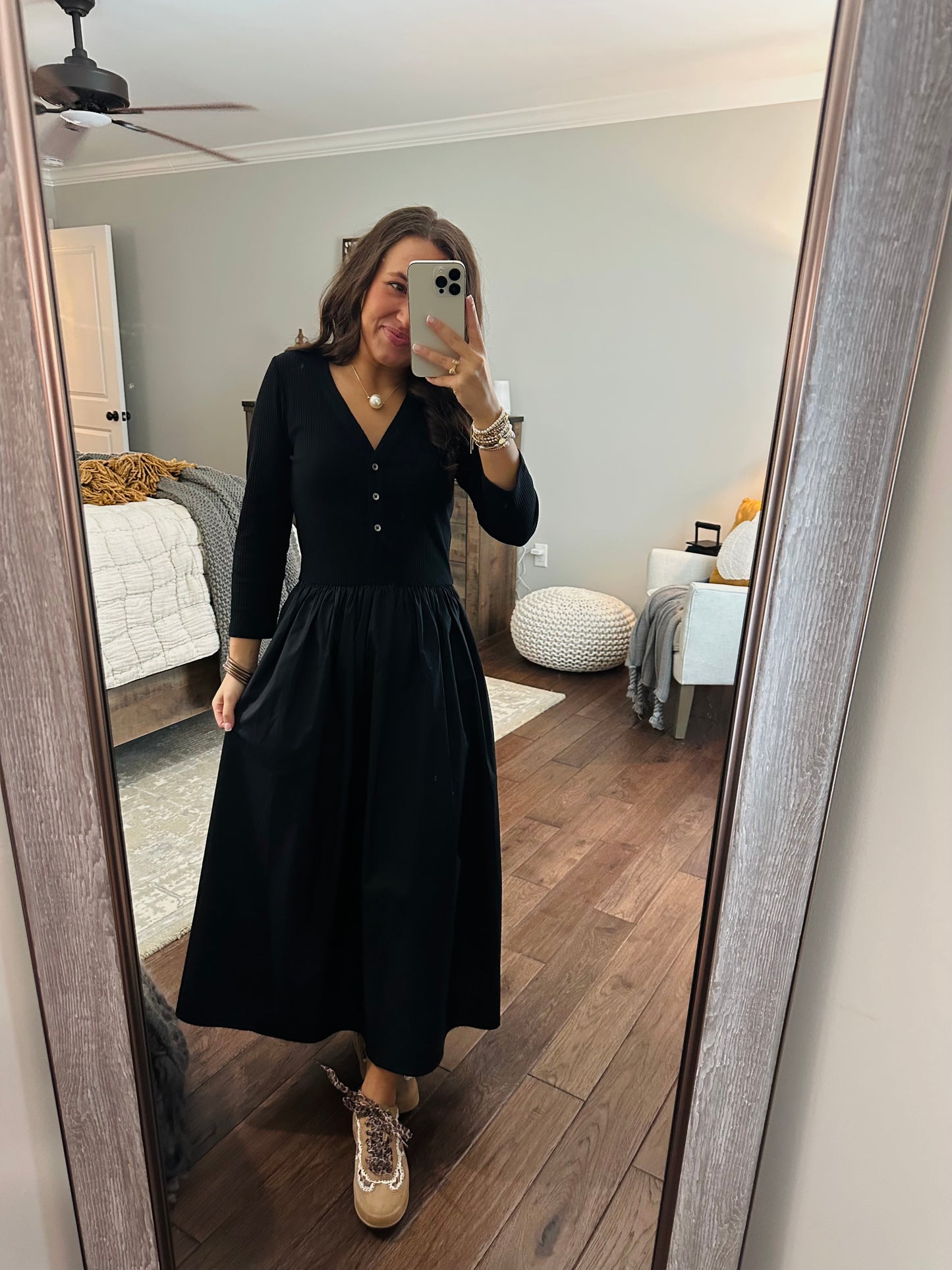 The Shelley Black Mix Knit Midi Dress