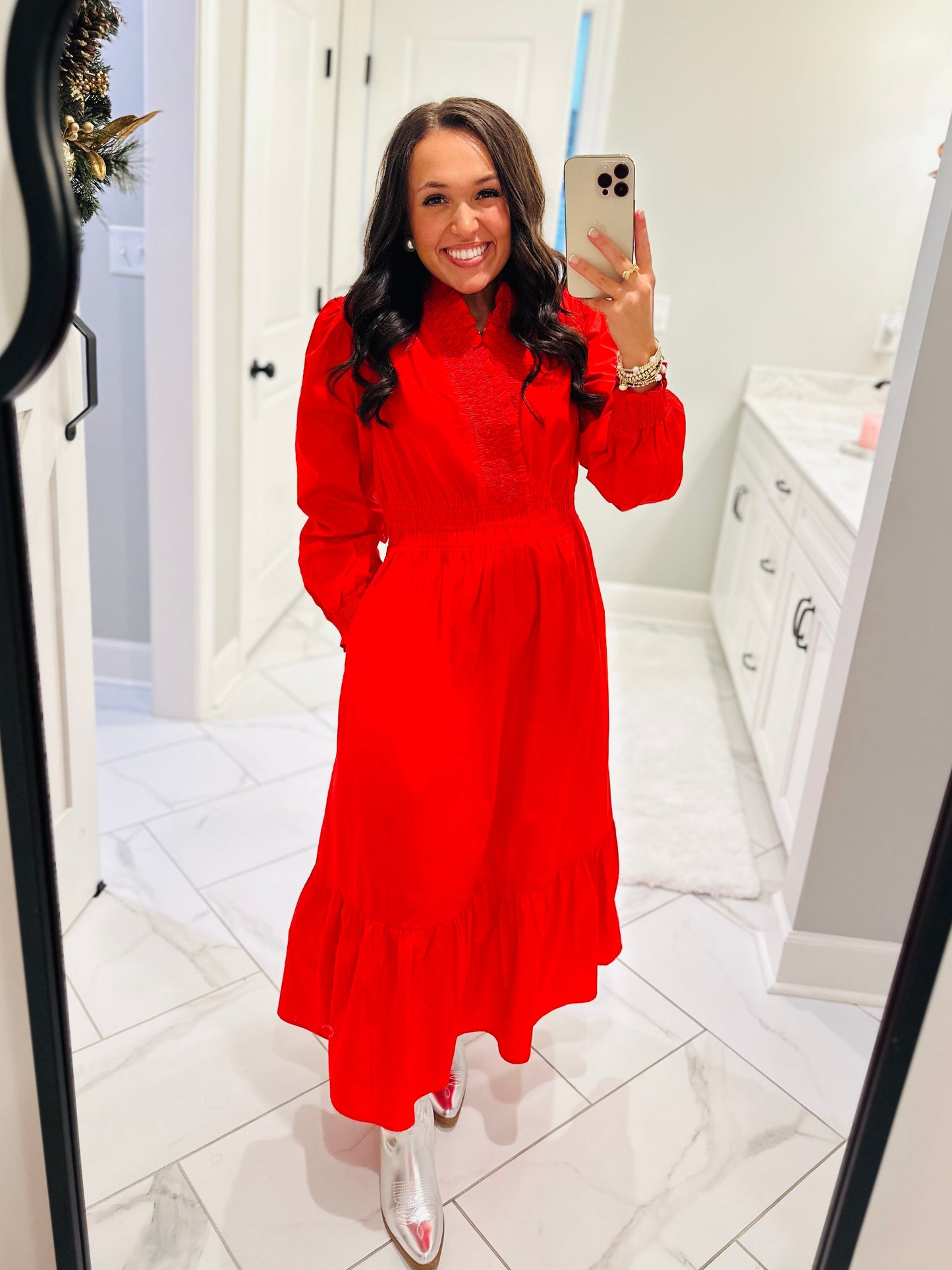 The Rudy Red Long Sleeve Midi Dress