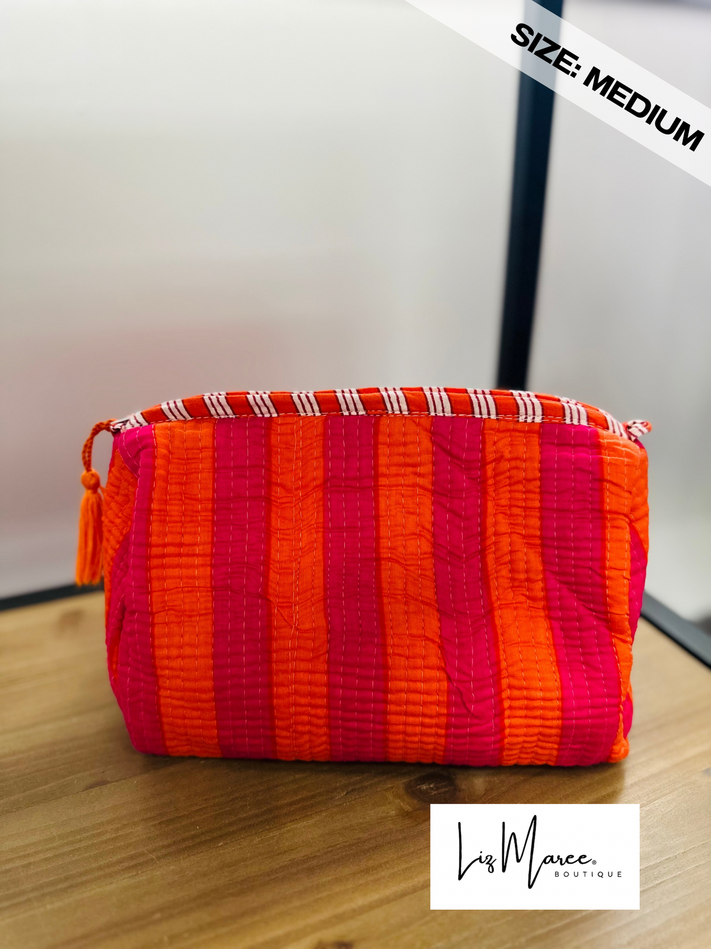 The Pink + Orange Striped Quilted Cosmetic Bags - Set of 3