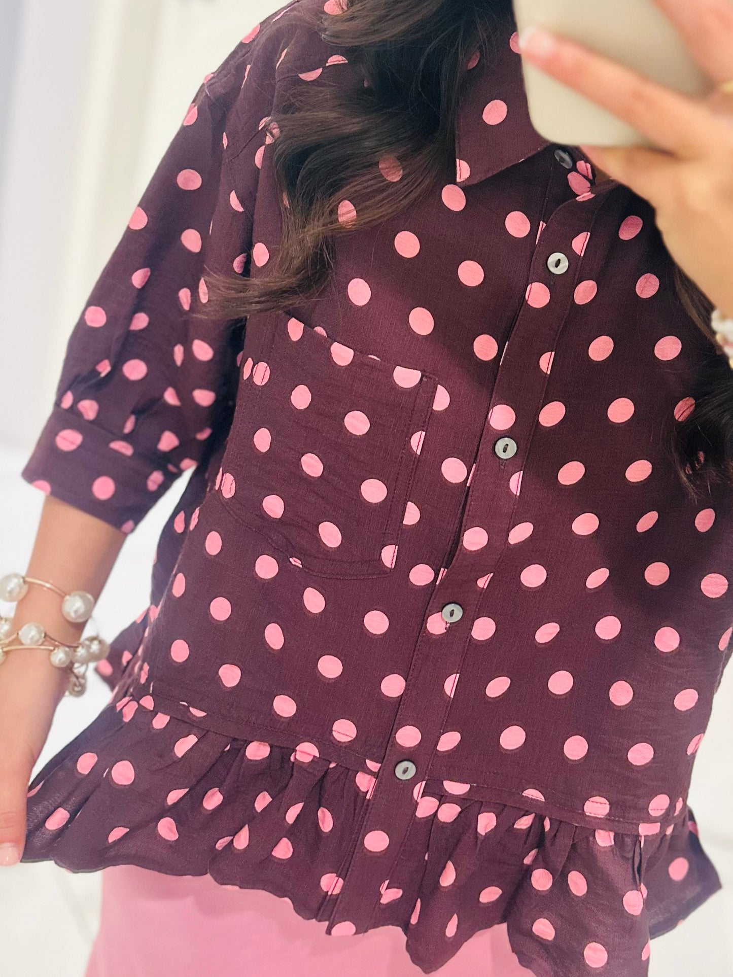 The Hanna Pink + Wine Polka Dot Top