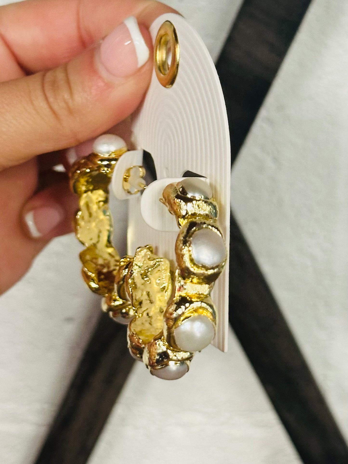18K Gold Dipped Cream + Gold Pearl Station Hoops