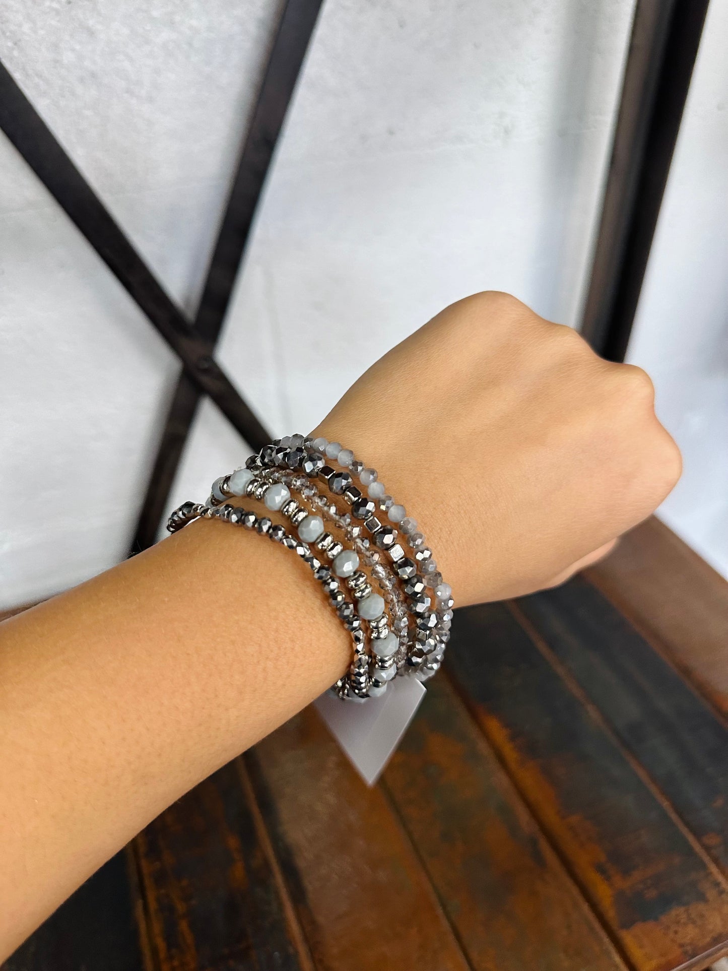 Silver & Gray Beaded Bracelet Stack