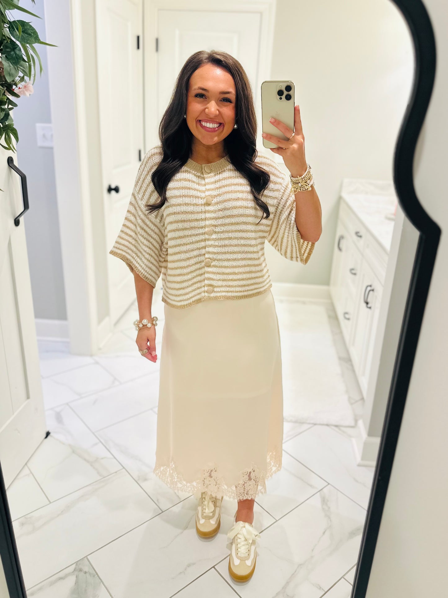 The Dallas Ecru Satin Lace Midi Skirt