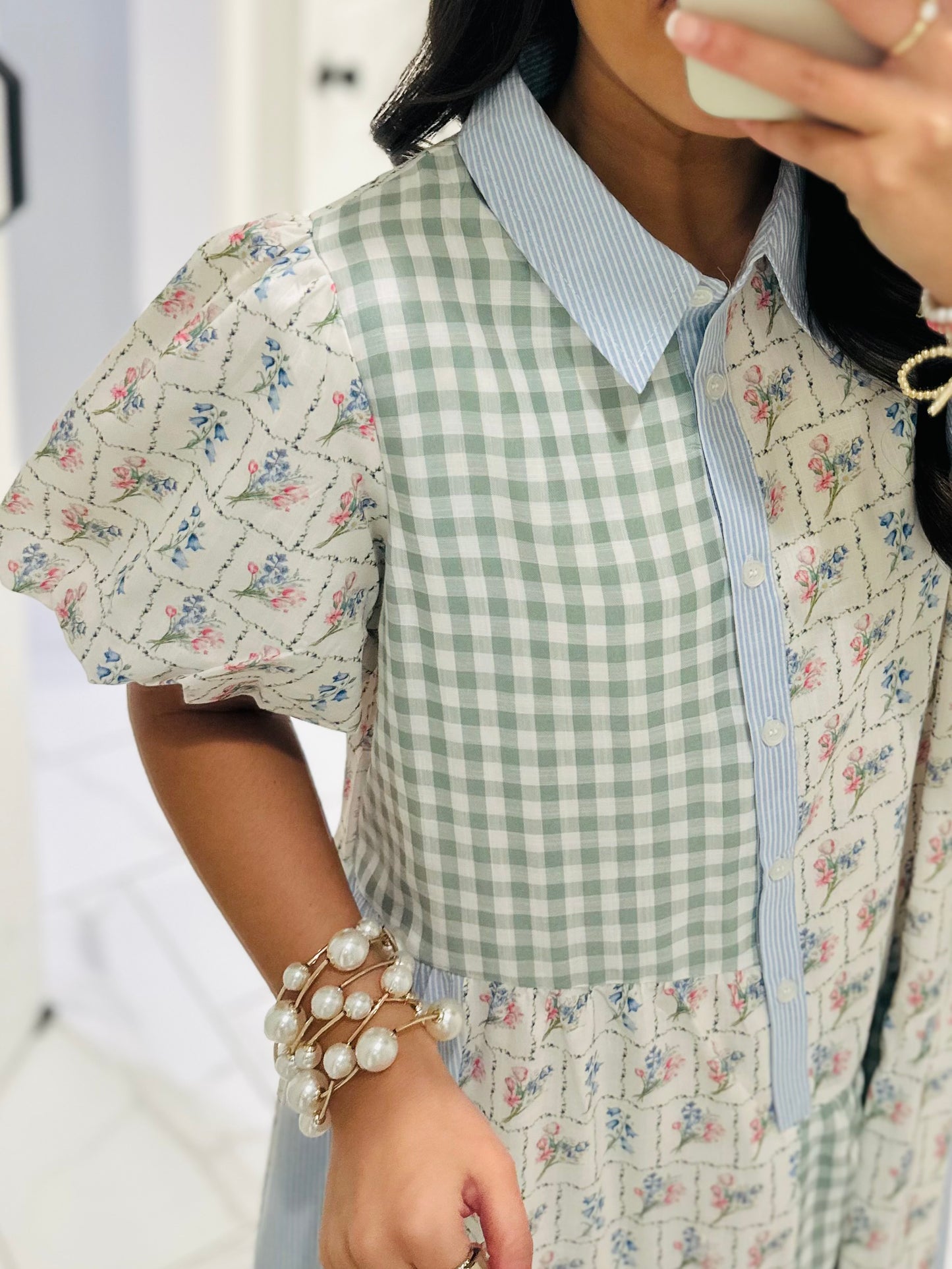 The Mae Blue + Mint Patchwork Midi Dress