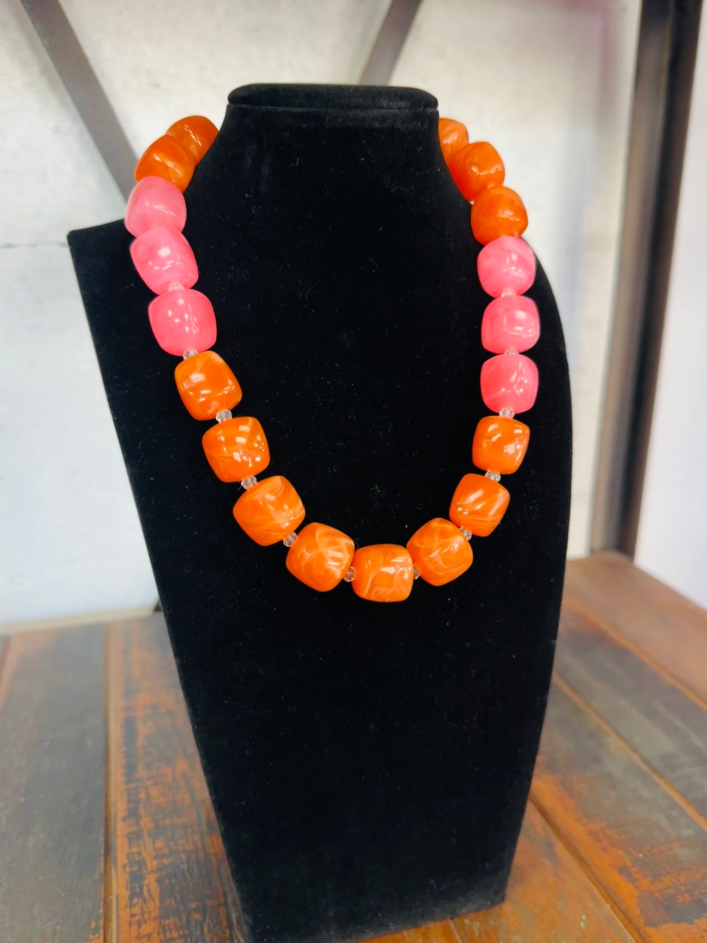 Pink + Orange Chunky Bead Color Block Necklace