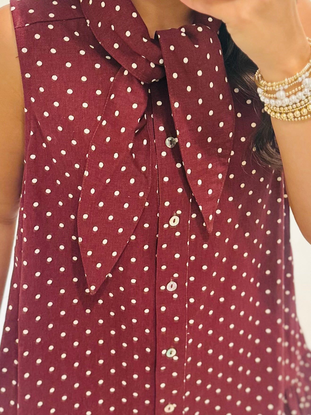 The Stella Burgundy Polka Dot Denim Dress