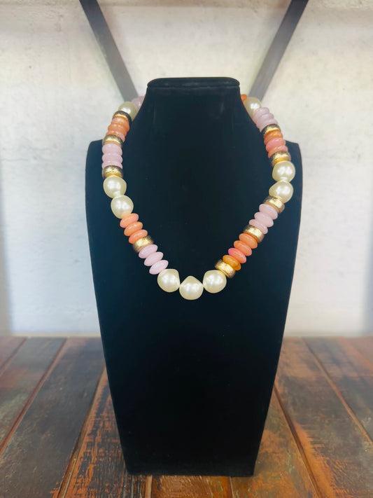 Peach + Gold Pearl Bead Necklace