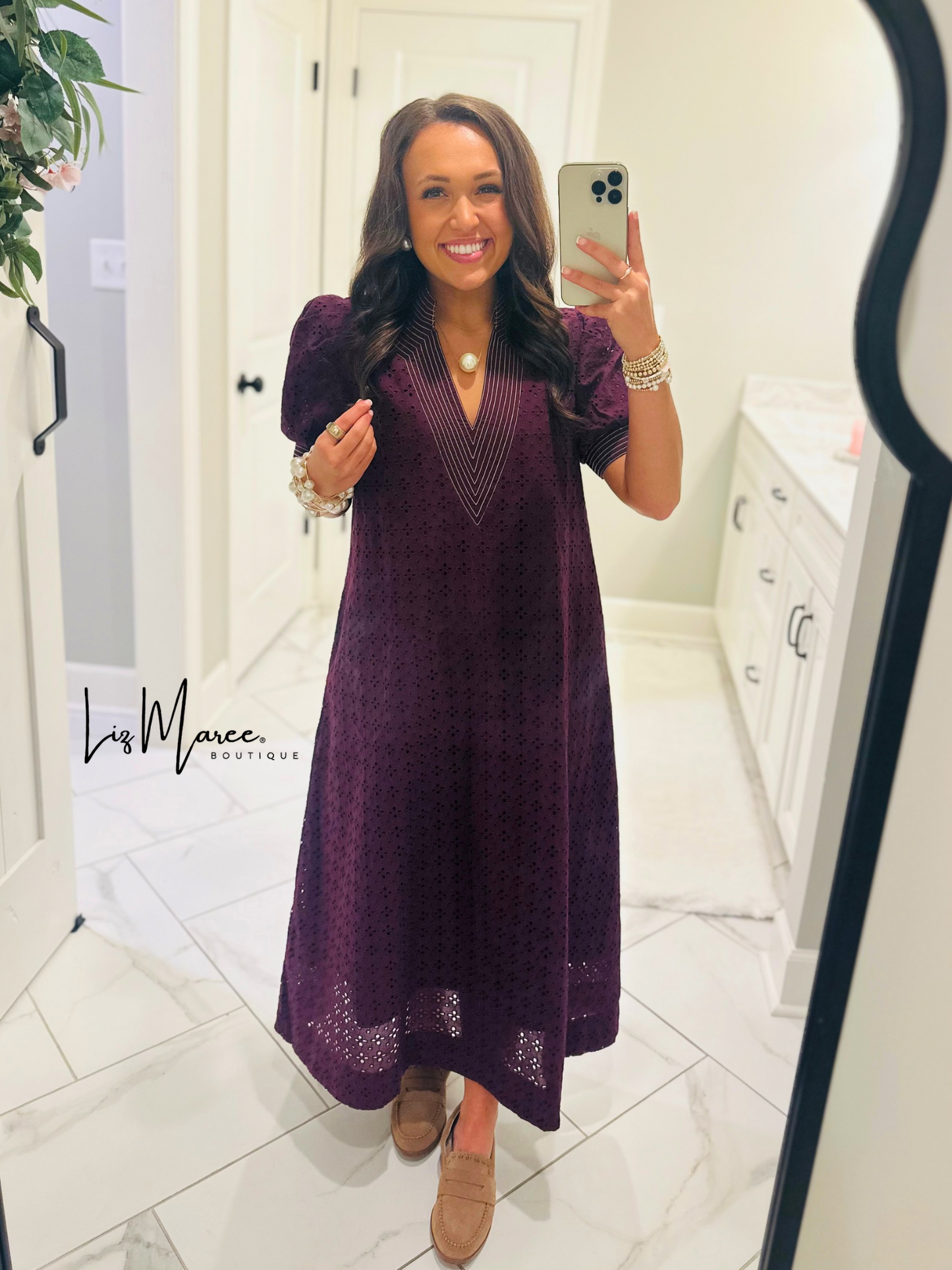 The Adley Merlot Eyelet Midi Dress