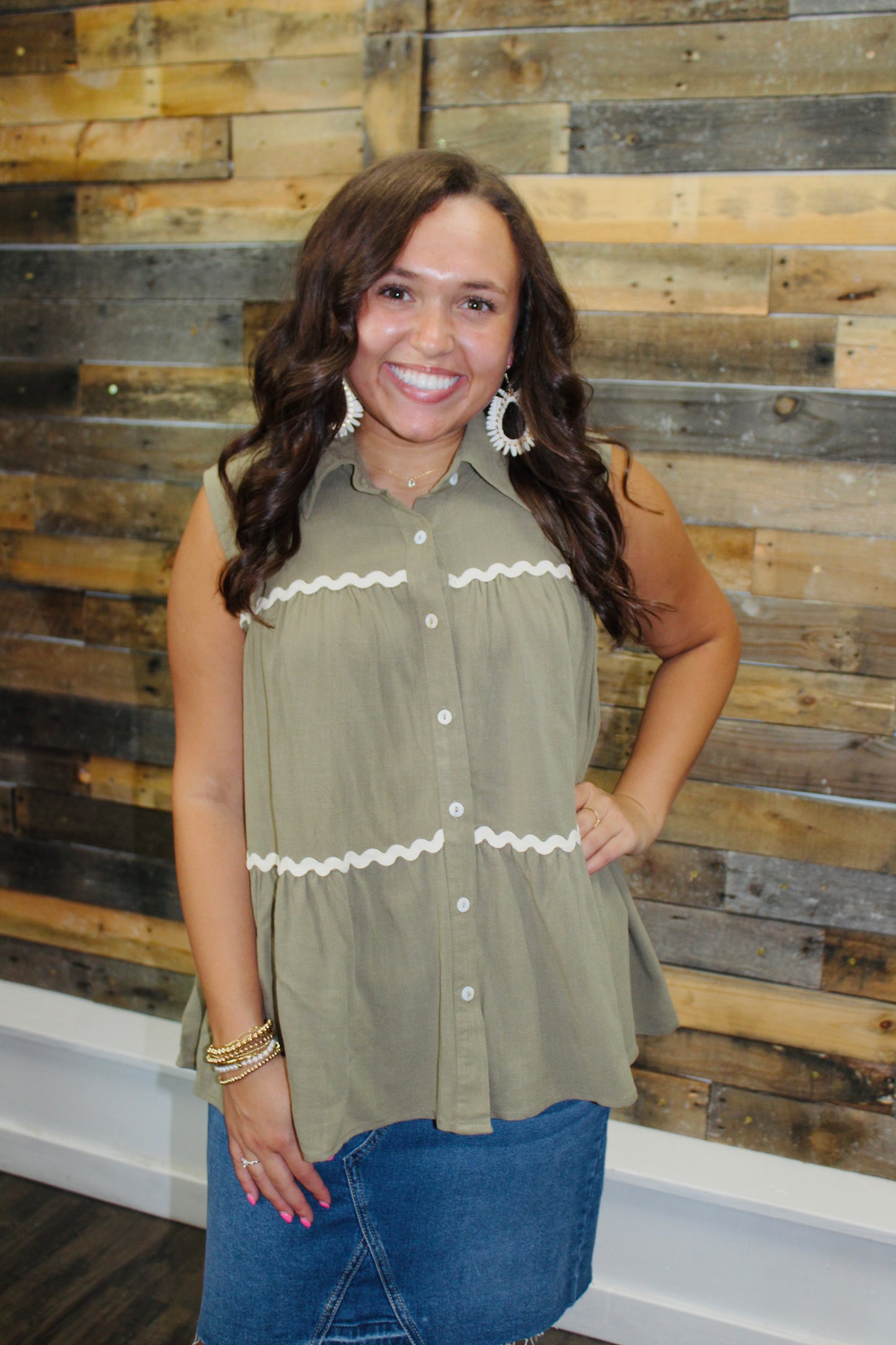 Olive Sleeveless Button Down Shirt