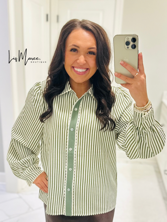The Kathy Olive Green Striped Scallop Top