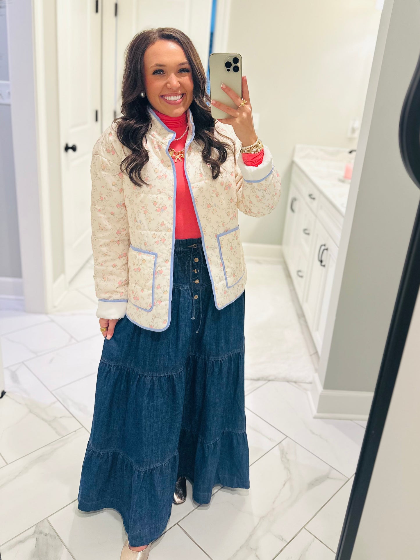 The Mamie Front Button Down Long Denim Skirt