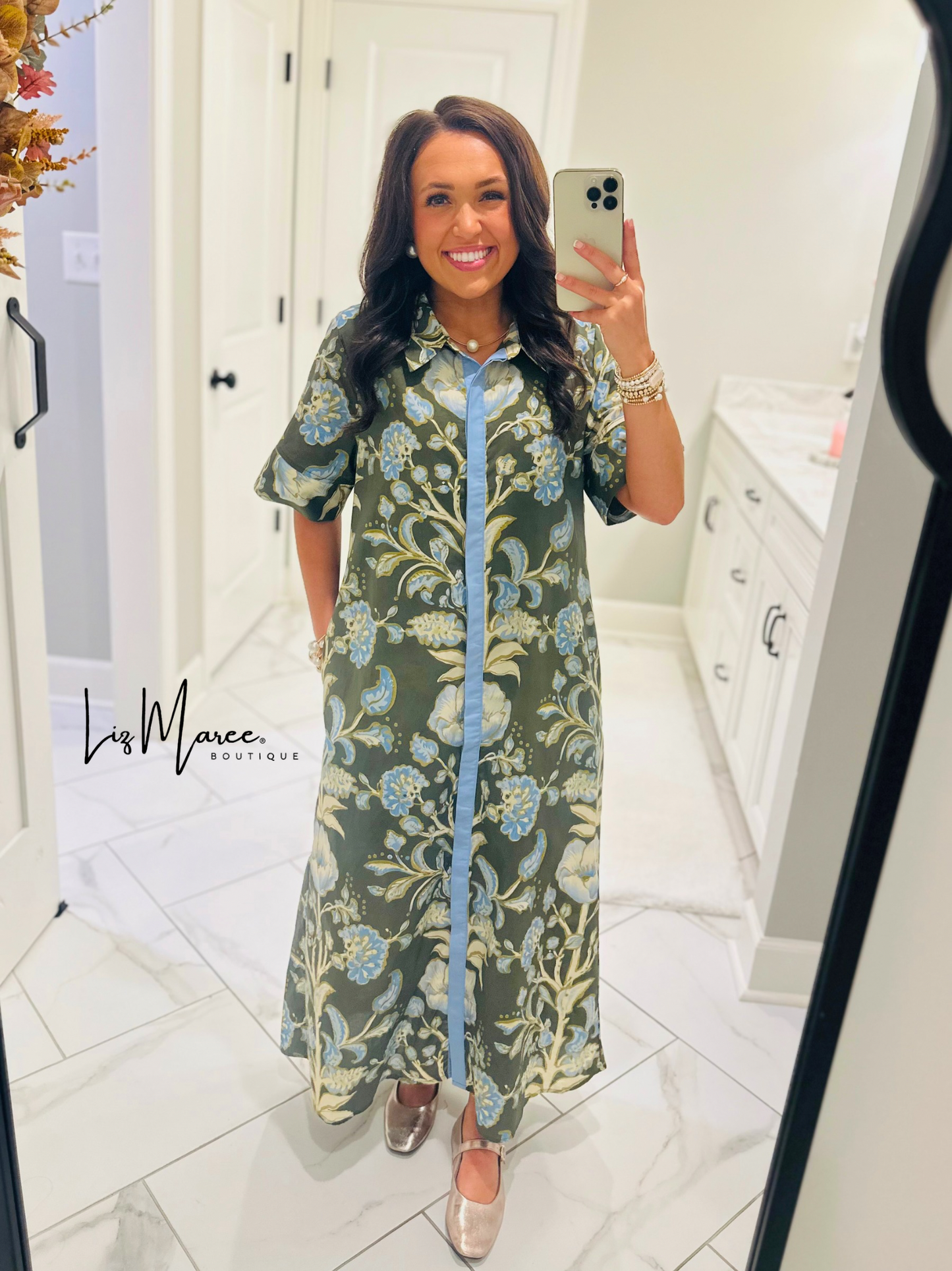 The Evie Olive Green + Blue Floral Midi Dress