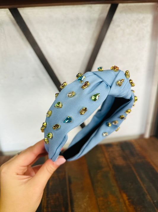 Blue Top Knot Multi Crystal Headband