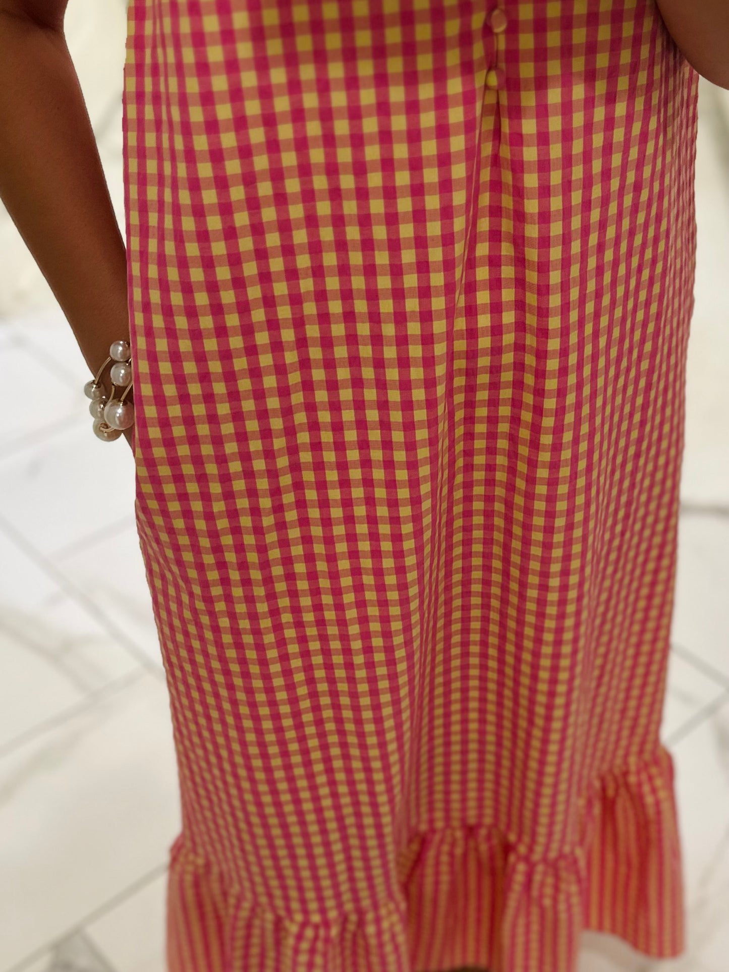 The Emilee Pink + Yellow Gingham Midi Dress