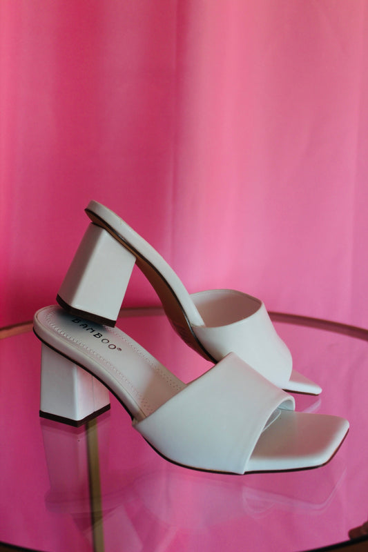 The Gabriella White Square Toe Mule Heel