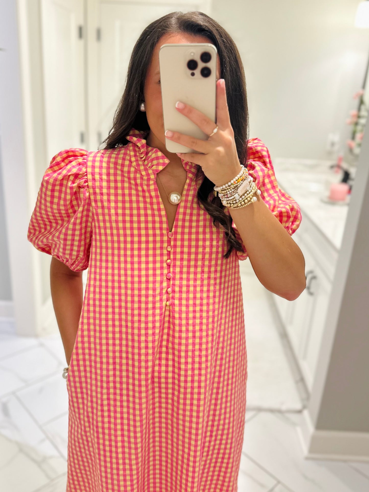 The Emilee Pink + Yellow Gingham Midi Dress