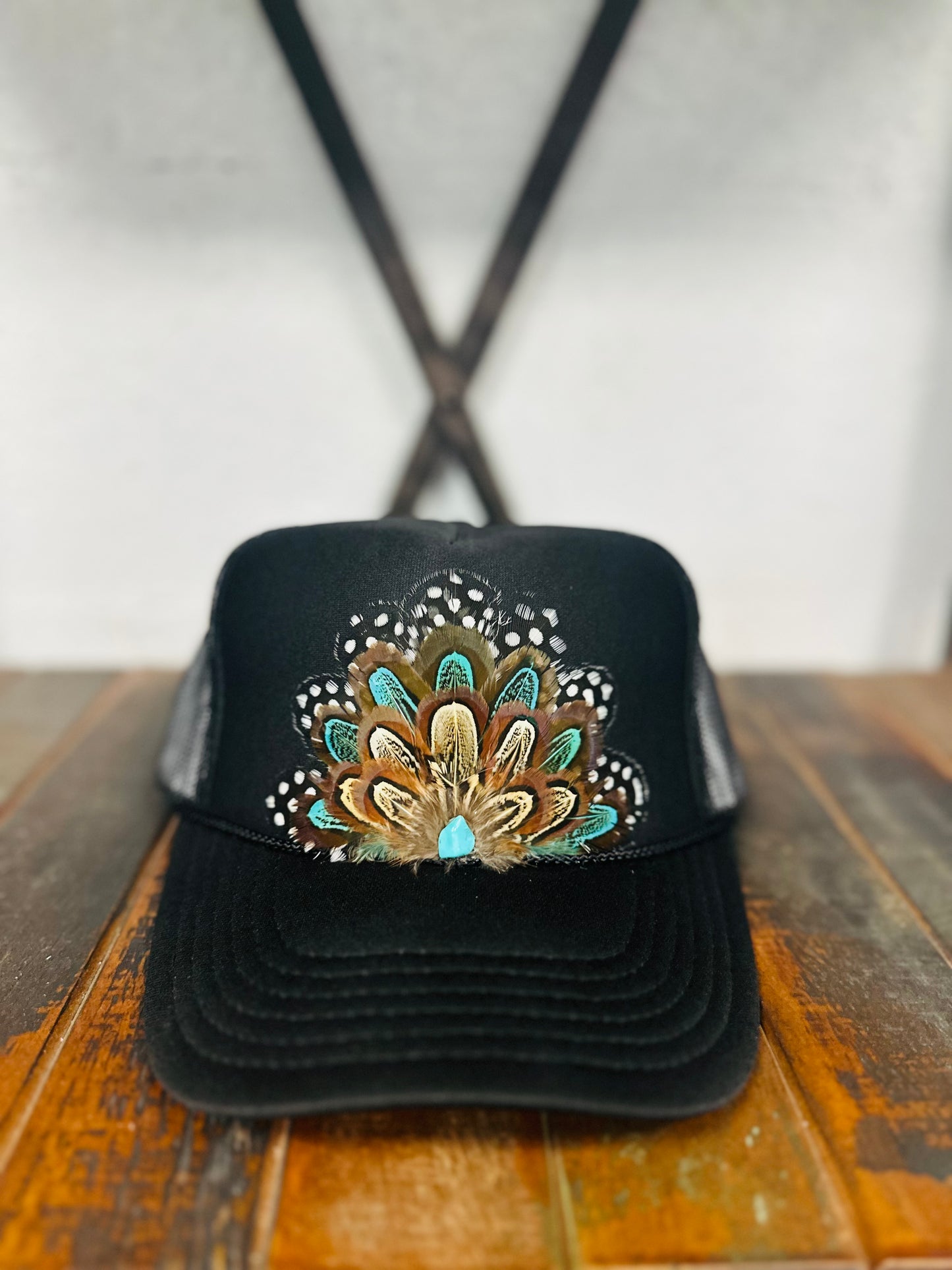 Black & Turquoise Feather + Turquoise Stone Trucker Hat