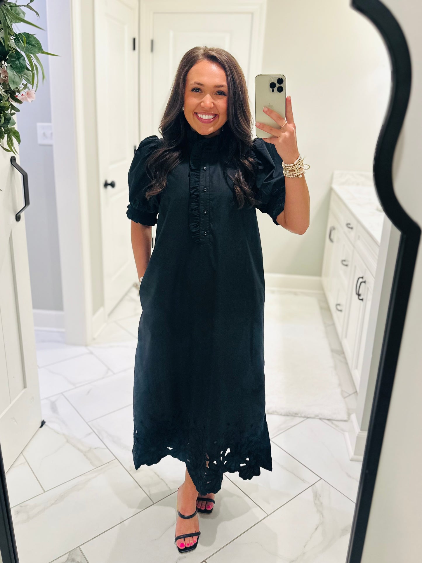 The Blakeley Black Embroidered Scallop Midi Dress