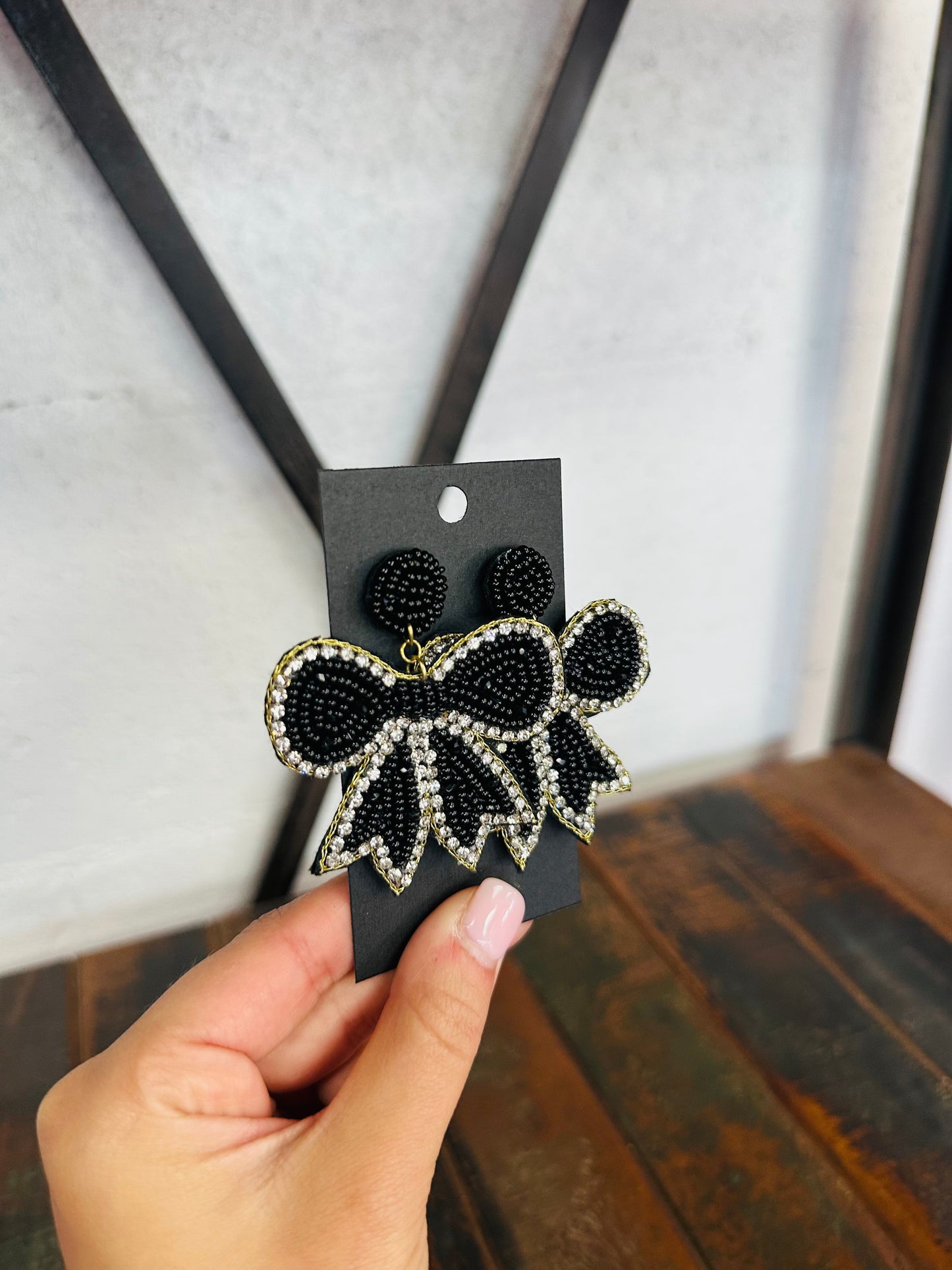 Black Beaded Bow Earring