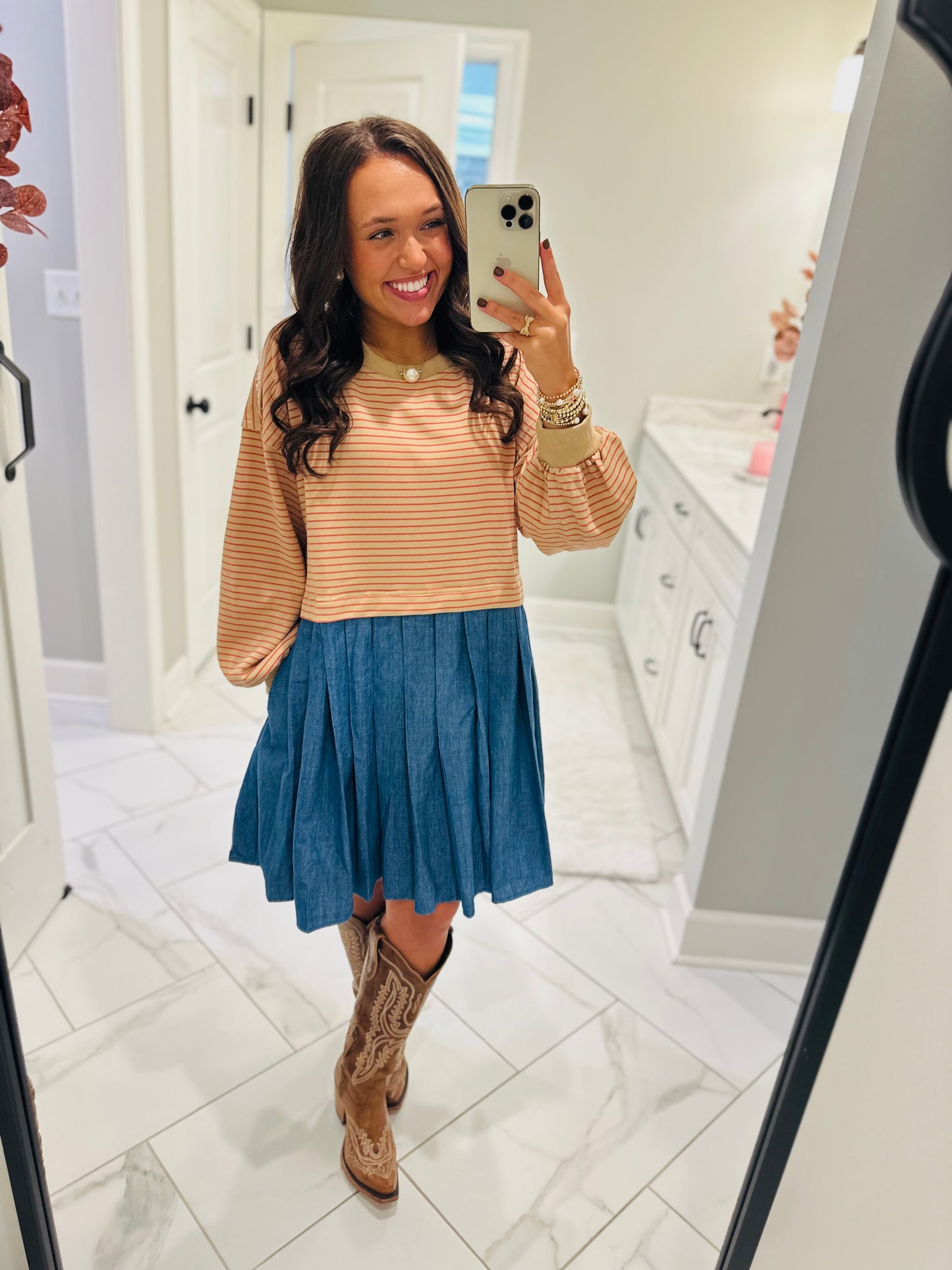 The Ella Long Sleeve Pleated Dress - Taupe / Denim