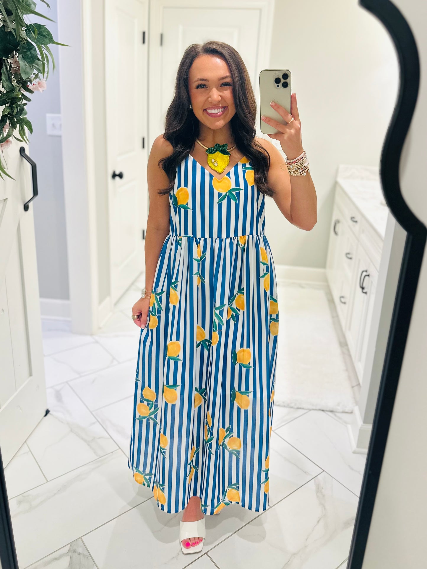 The Cass Blue Striped Lemon Midi Dress