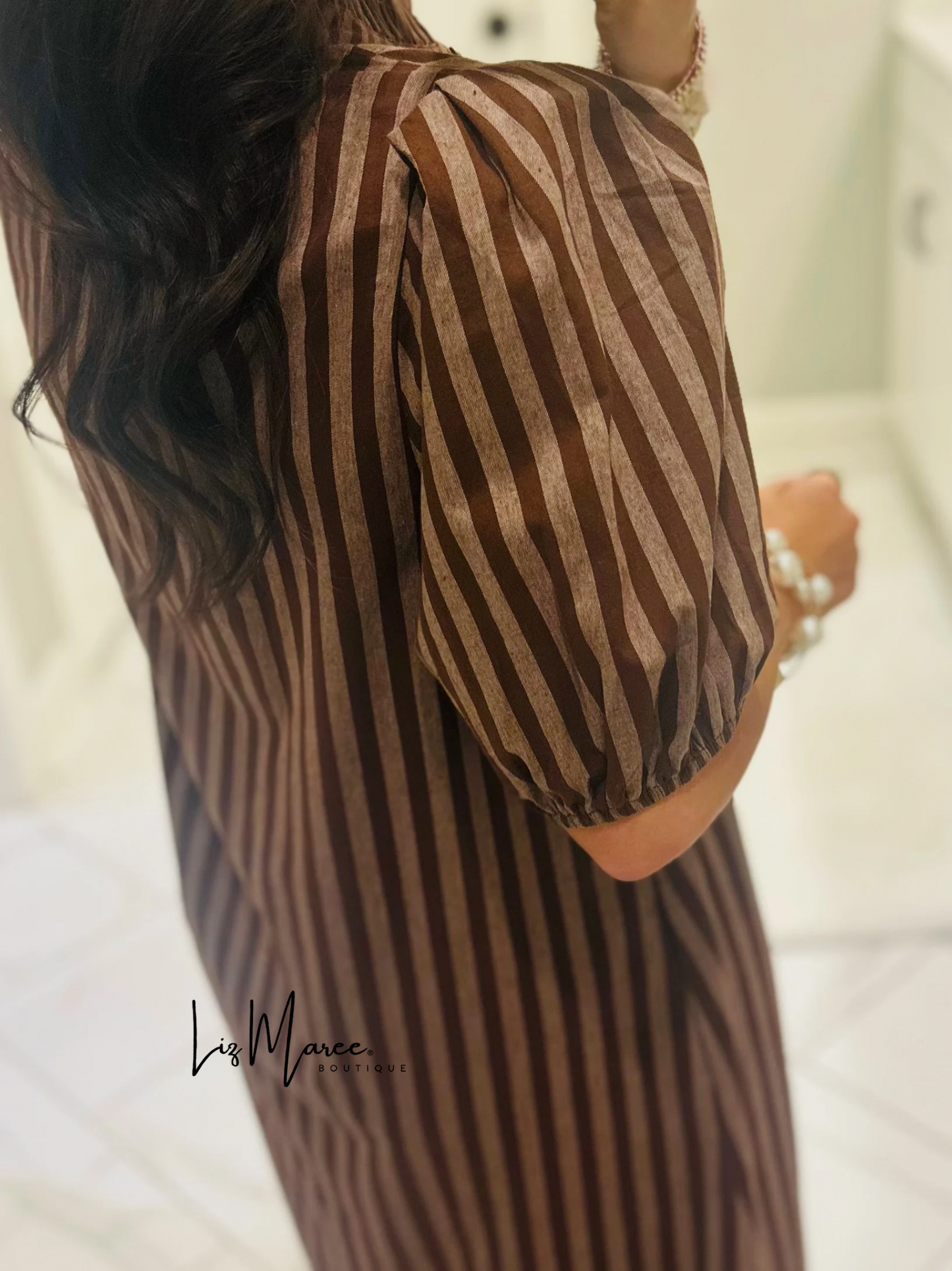 The Quinn Brown Striped Midi Dress
