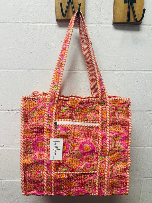 The Orange + Pink Oasis Floral Quilted Tote Bag