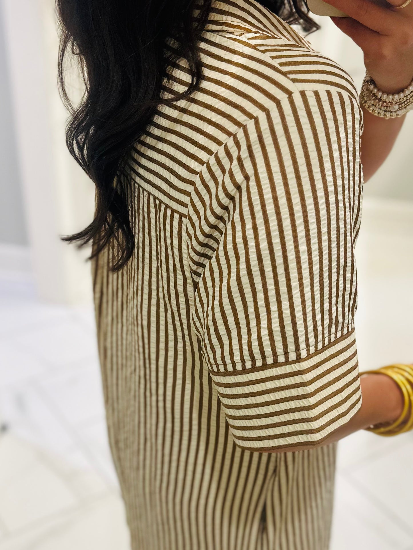 The Nora Caramel Brown Striped Midi Dress