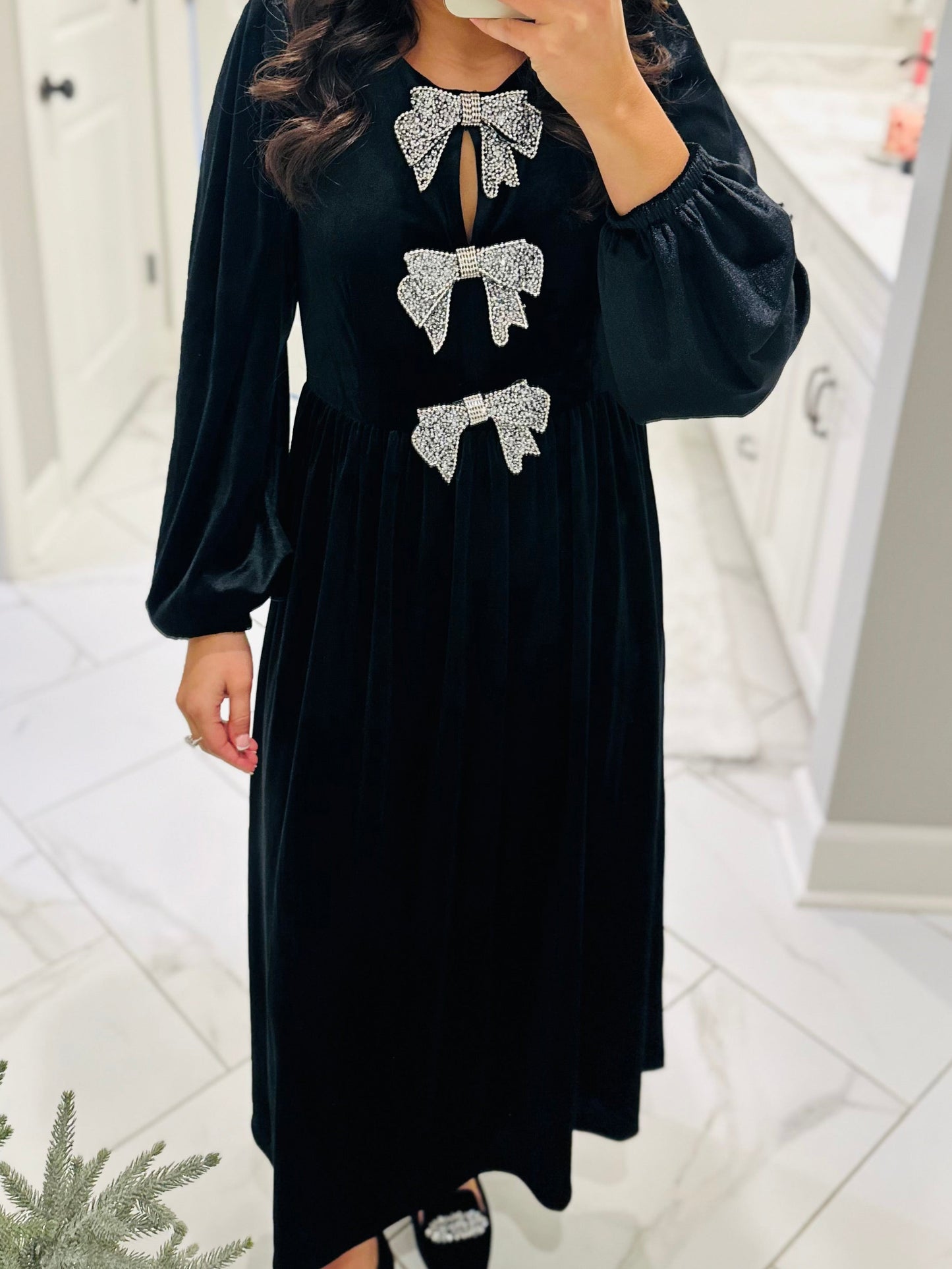 The Jenna Black Velvet Bow Midi Dress
