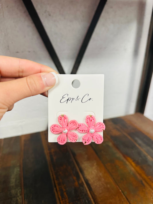Pink Flower Raffia Stud