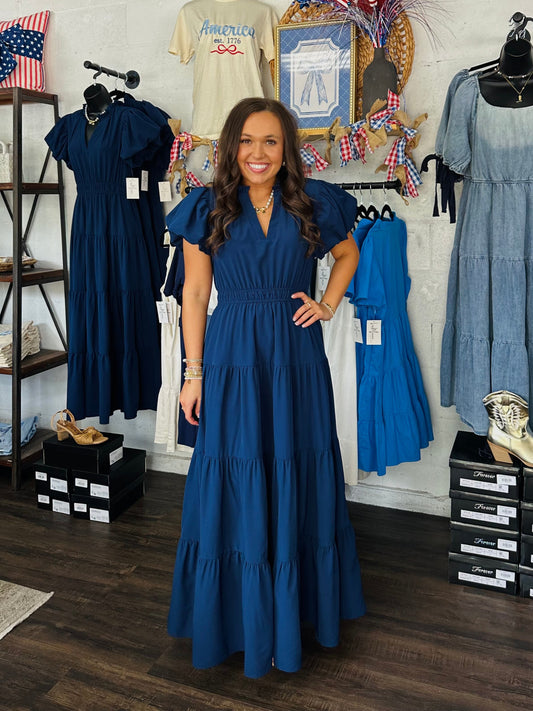 The Elizabeth Navy Puff Sleeve Midi Dress
