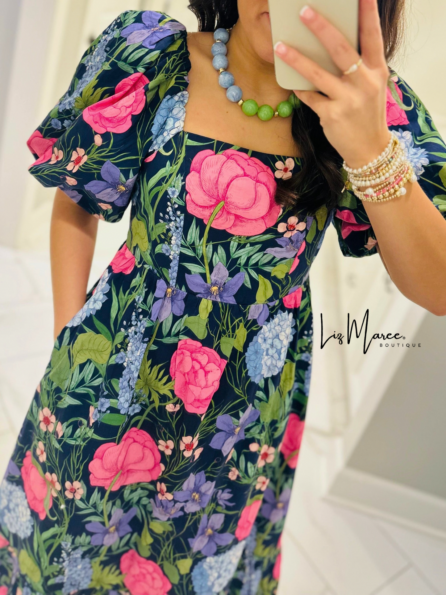 The Danyale Navy Floral Bow Midi Dress