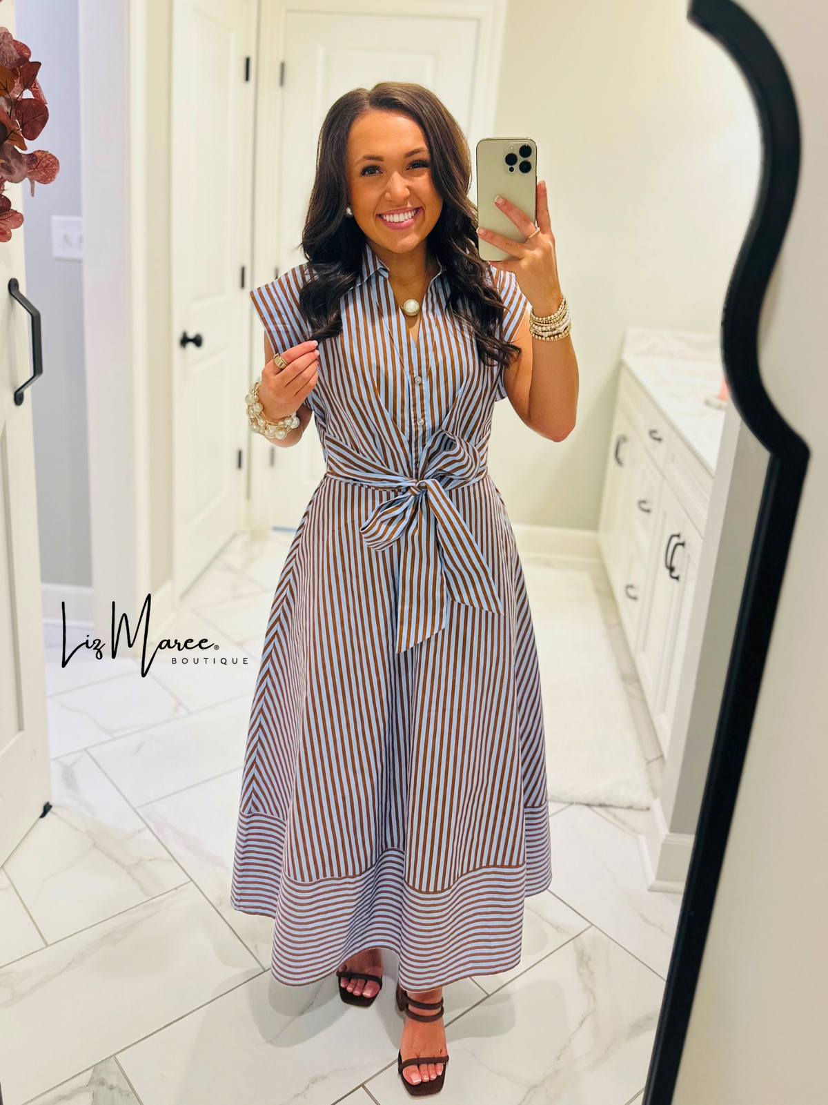 The Charity Blue + Brown Striped Midi Dress