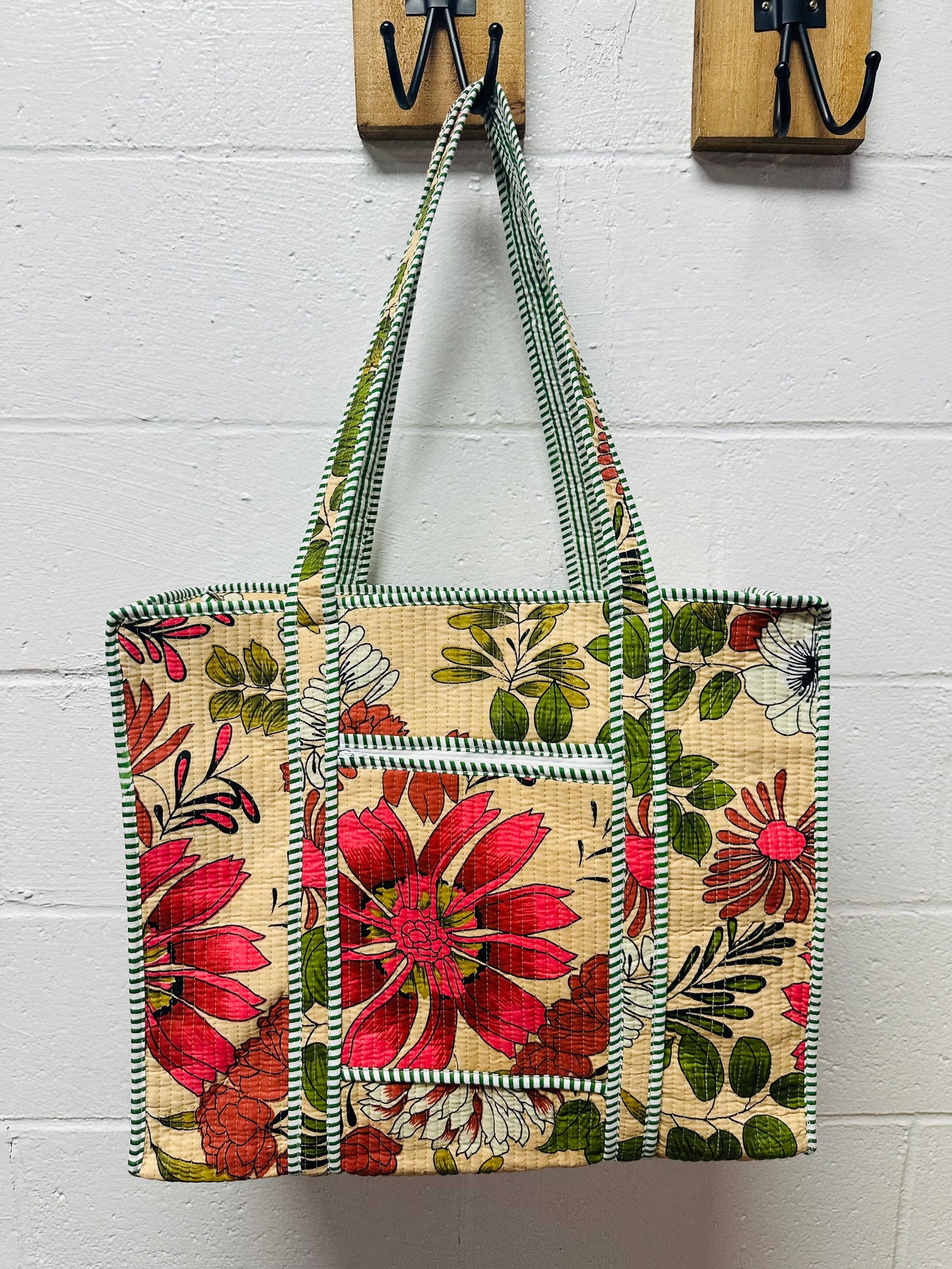The Beige Cream Flower Power Quilted Tote Bag