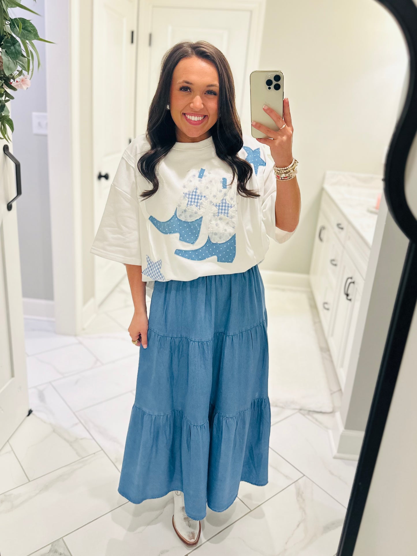 The Light Wash Denim Chambray Tiered Maxi Skirt
