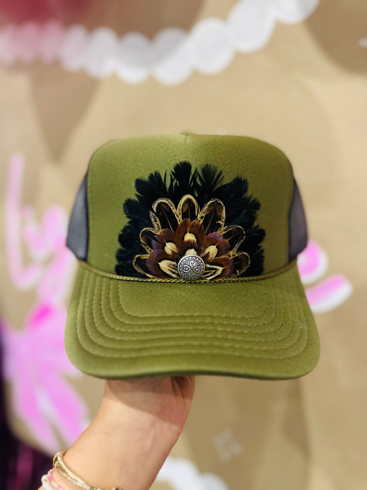 Olive Green + Black Feather Trucker Hat
