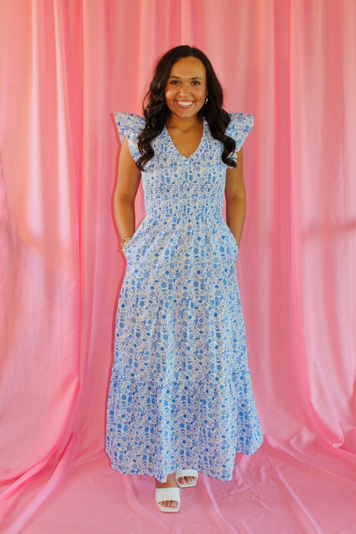 The Caroline Blue Floral Smocked Midi Dress