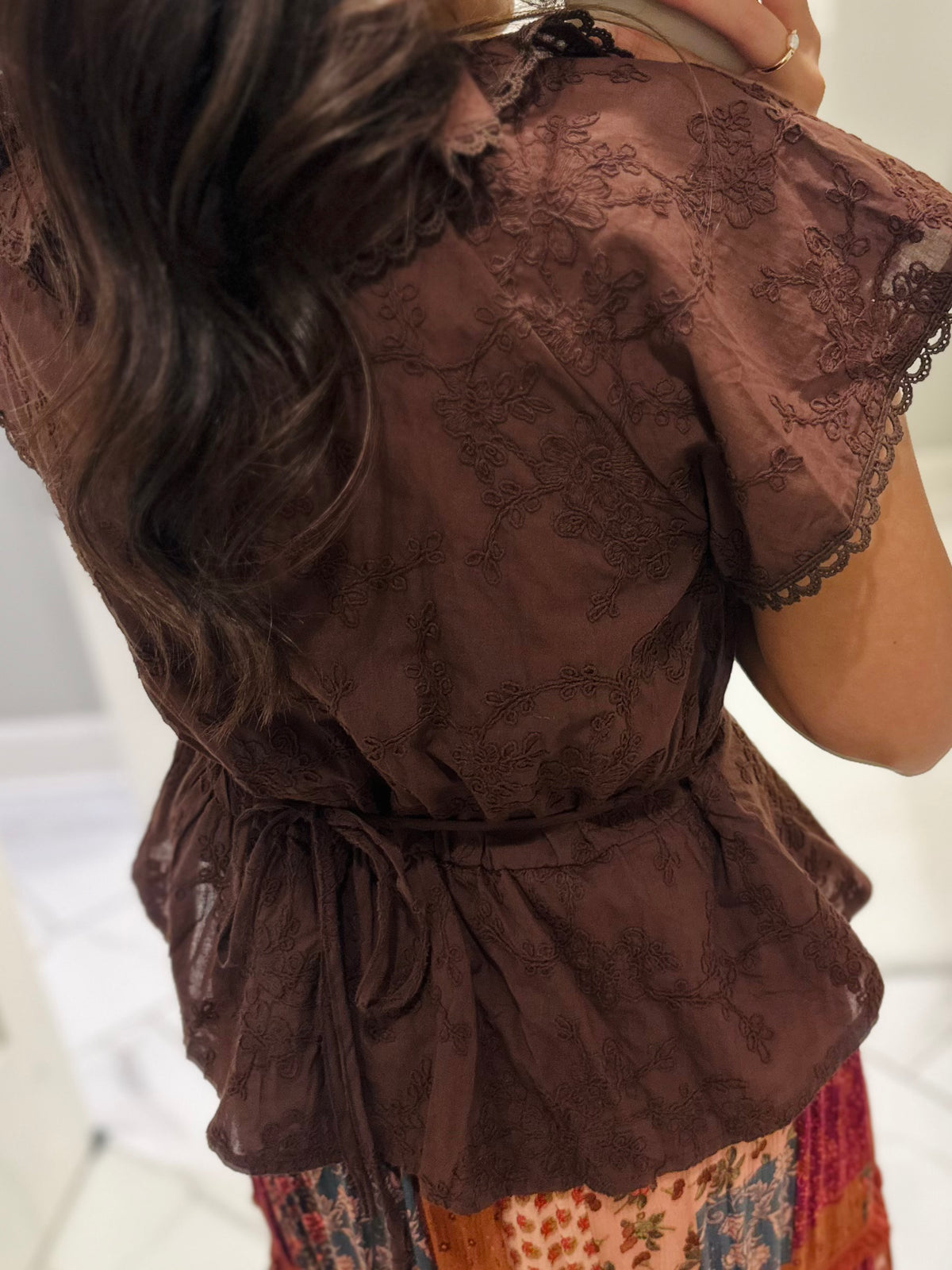 The Lillian Brown Embroidered Floral Peplum Top