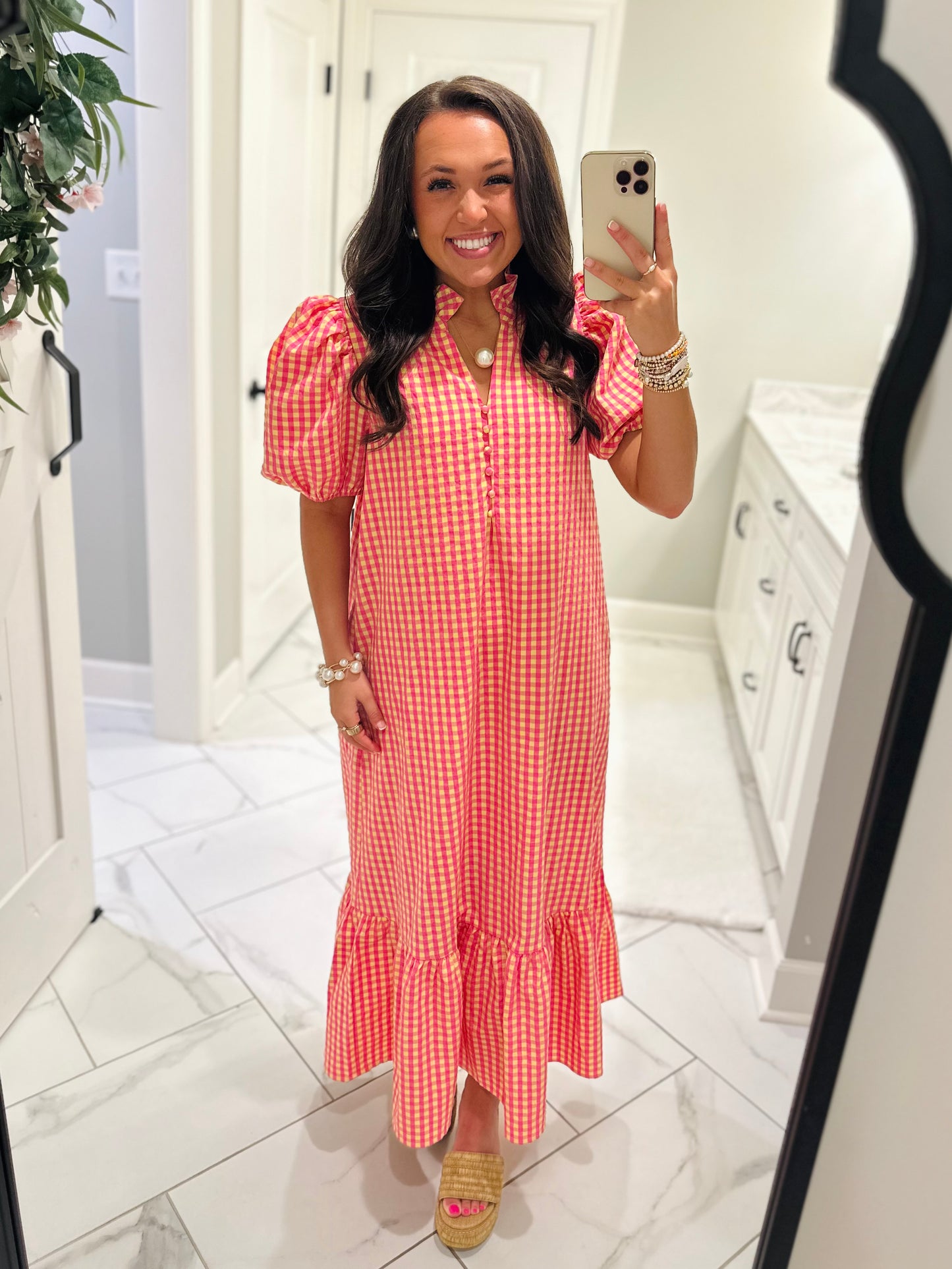 The Emilee Pink + Yellow Gingham Midi Dress