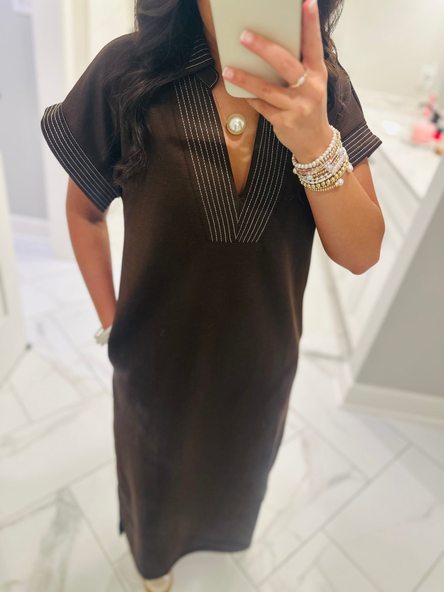 The Parker Brown Collared Stitch Midi Dress