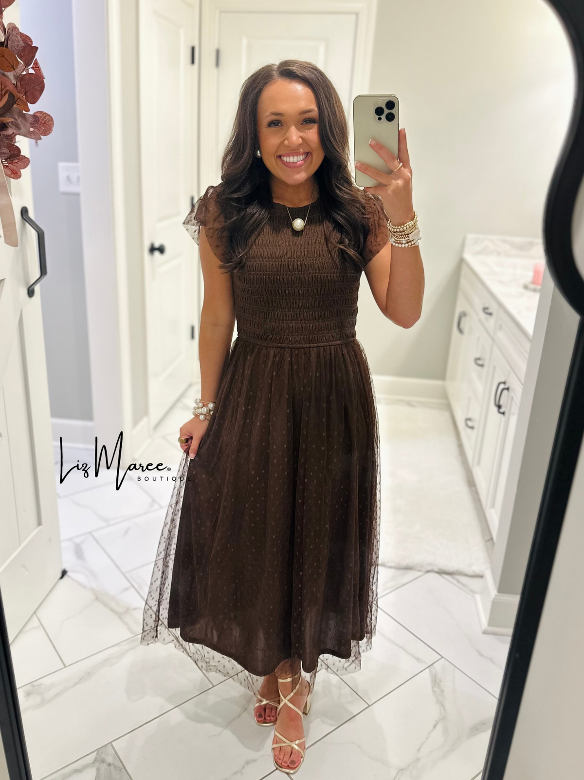 The Autumn Brown Polka Dot Chiffon Midi Dress